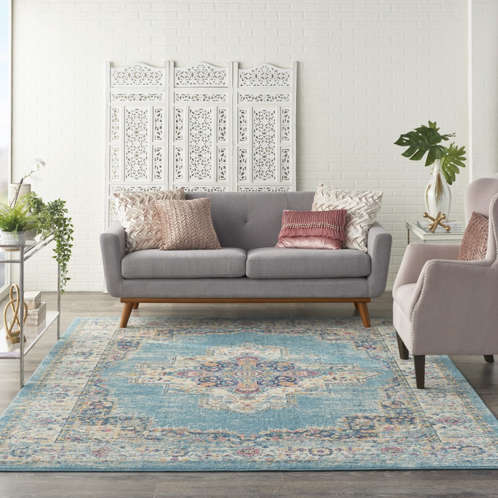 4' Light Blue Round Southwestern Power Loom Area Rug