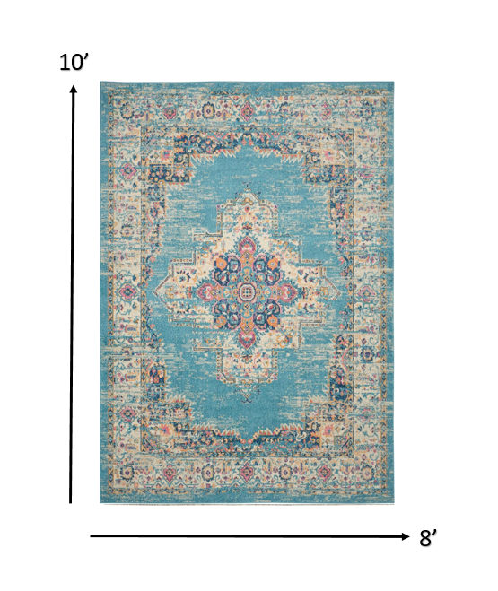 4' Light Blue Round Southwestern Power Loom Area Rug