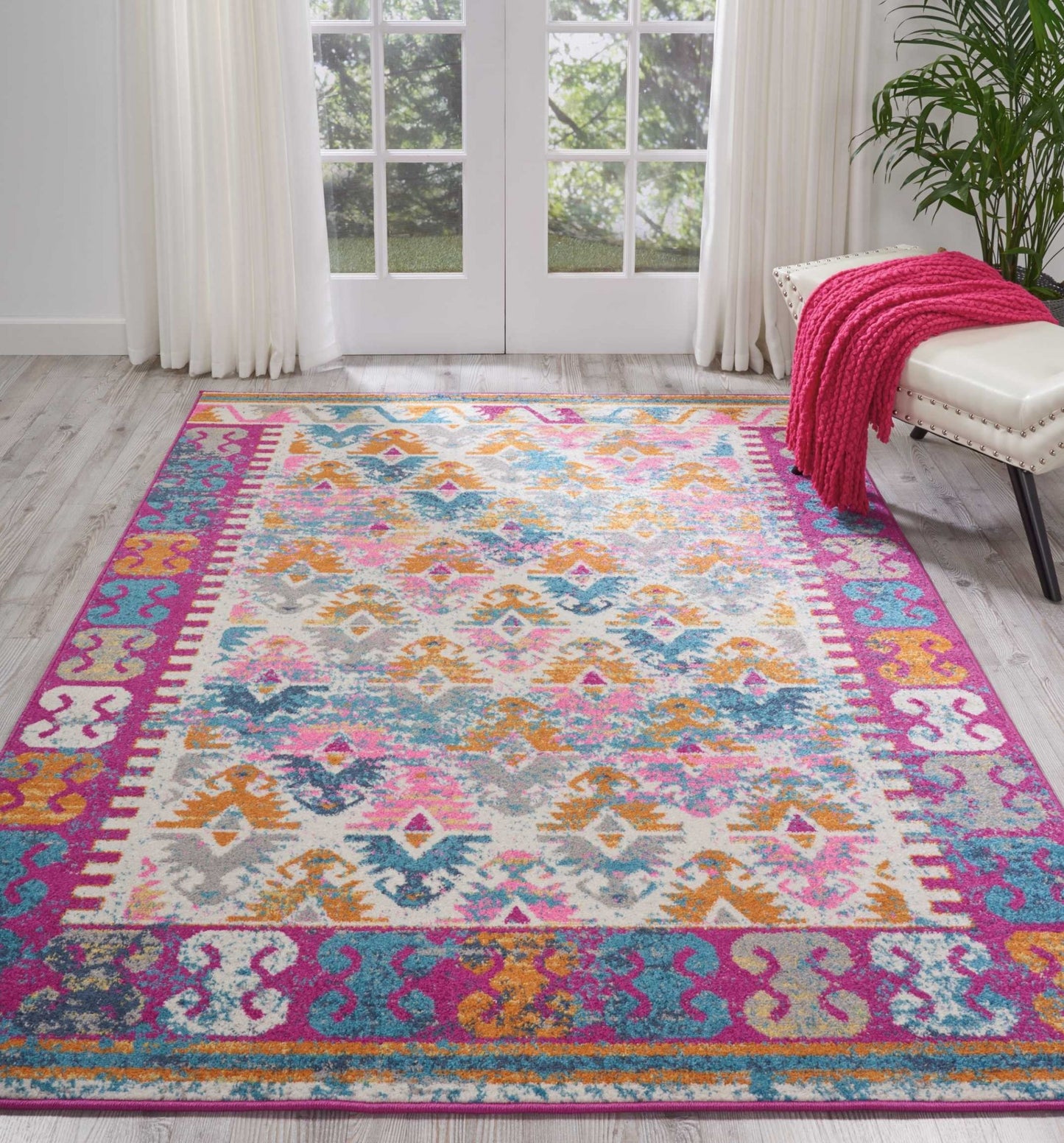 2’ X 3’ Ivory And Magenta Tribal Pattern Scatter Rug