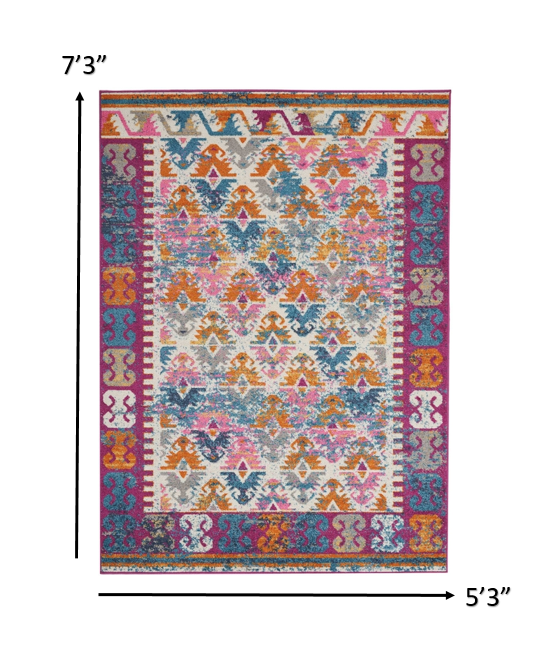 2’ X 3’ Ivory And Magenta Tribal Pattern Scatter Rug