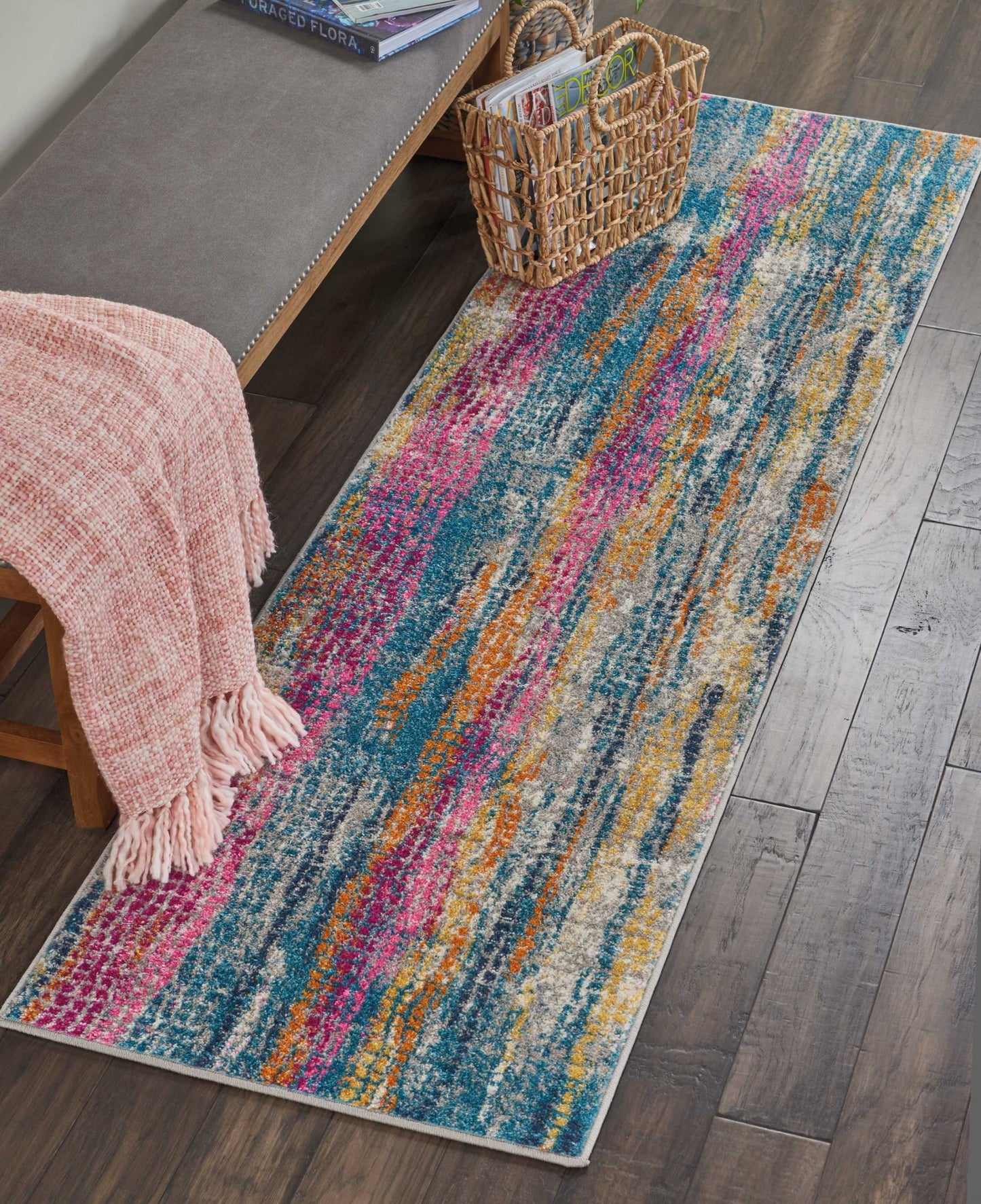8' Pink And Blue Abstract Power Loom Runner Rug