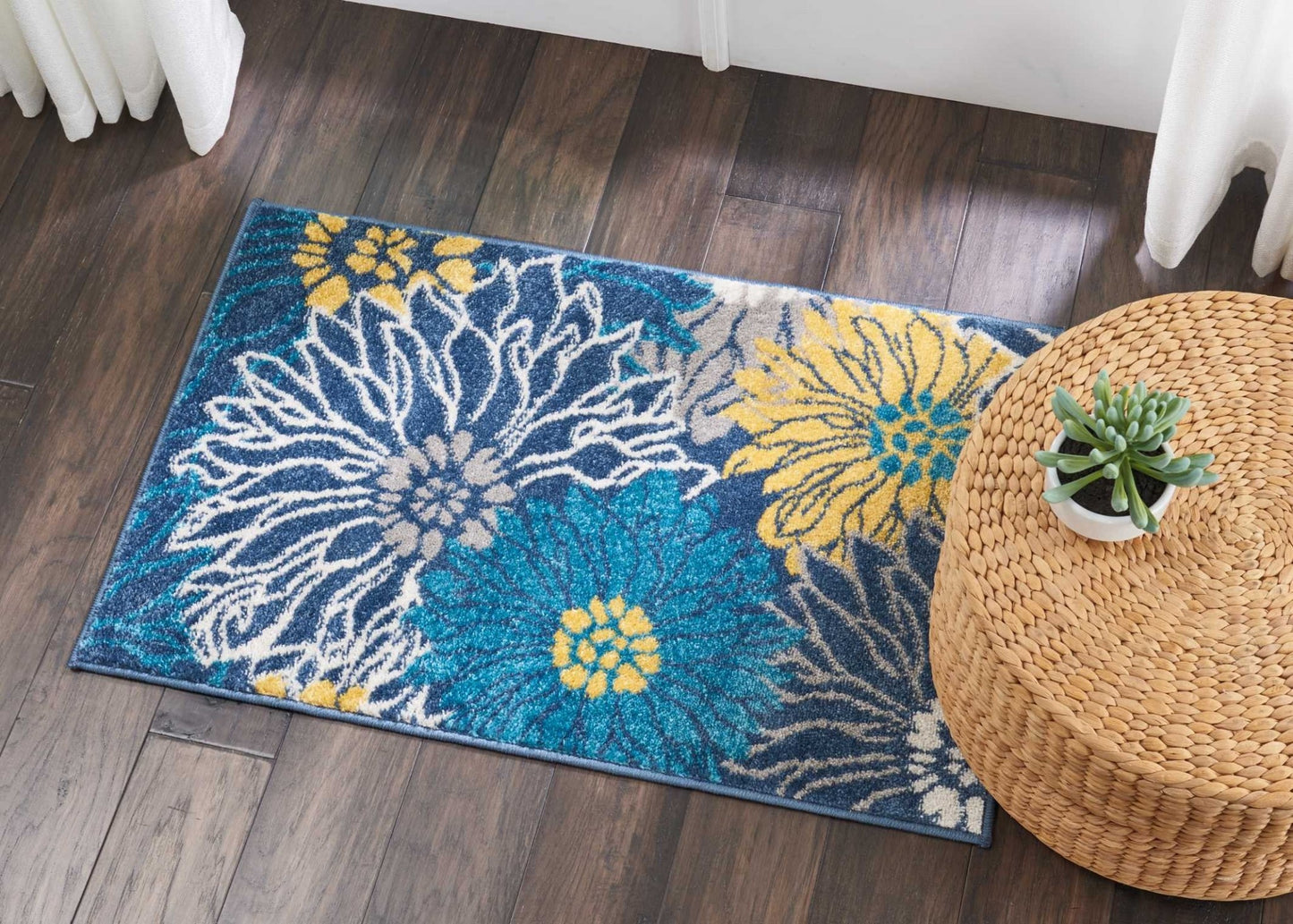 8' Blue Floral Power Loom Runner Rug