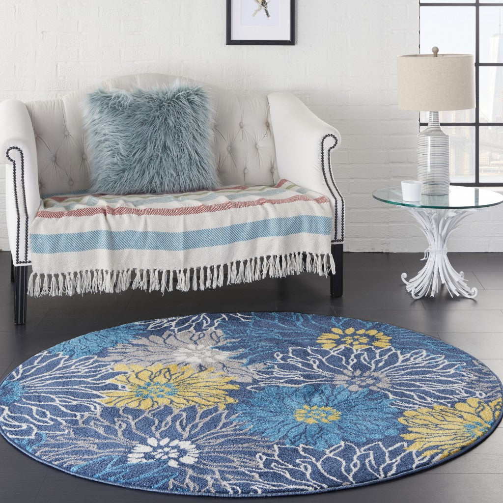 8' Blue Floral Power Loom Runner Rug