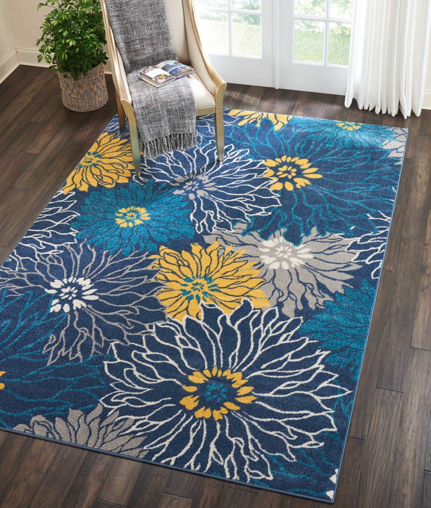 8' Blue Floral Power Loom Runner Rug