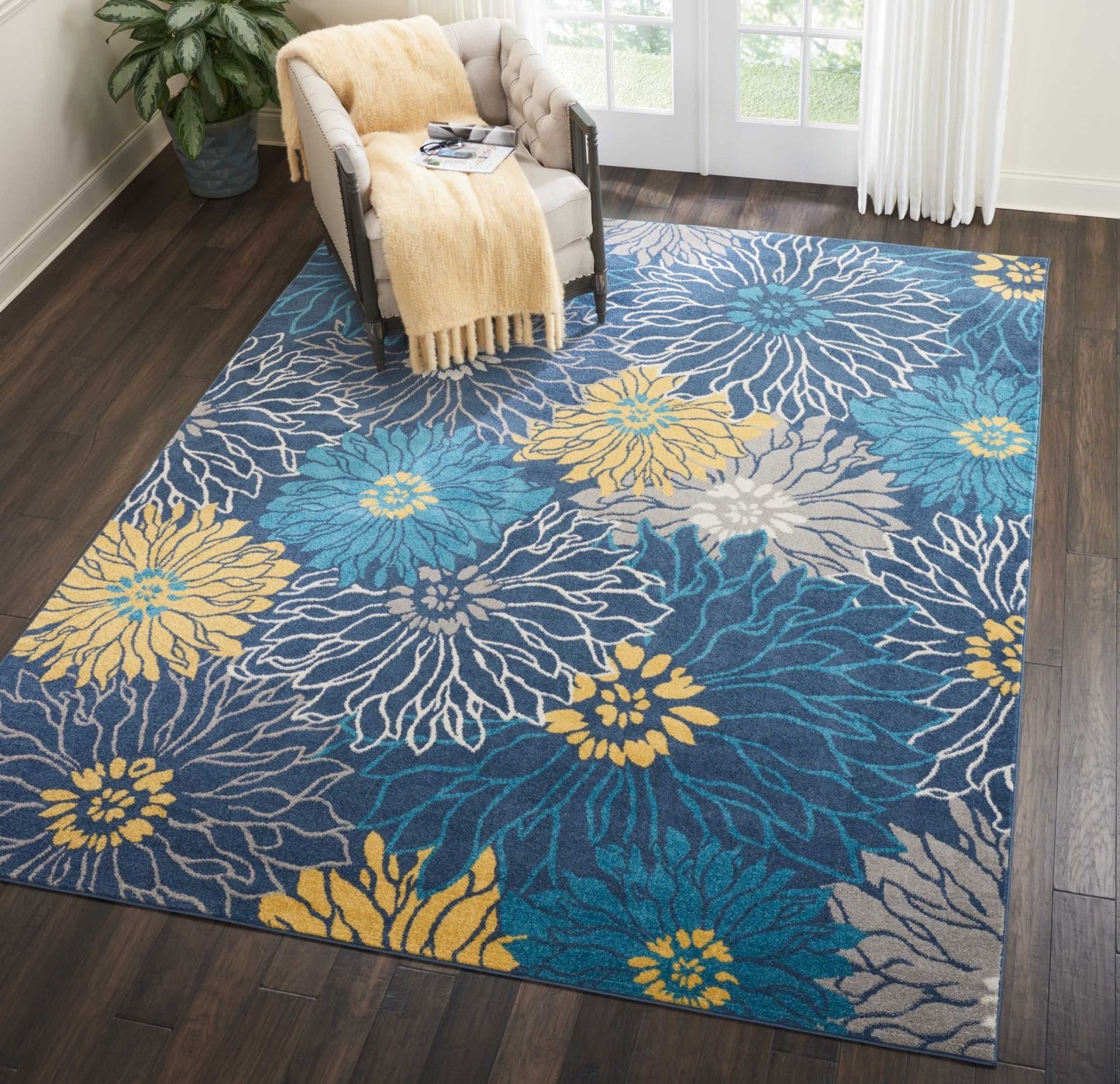 8' Blue Floral Power Loom Runner Rug