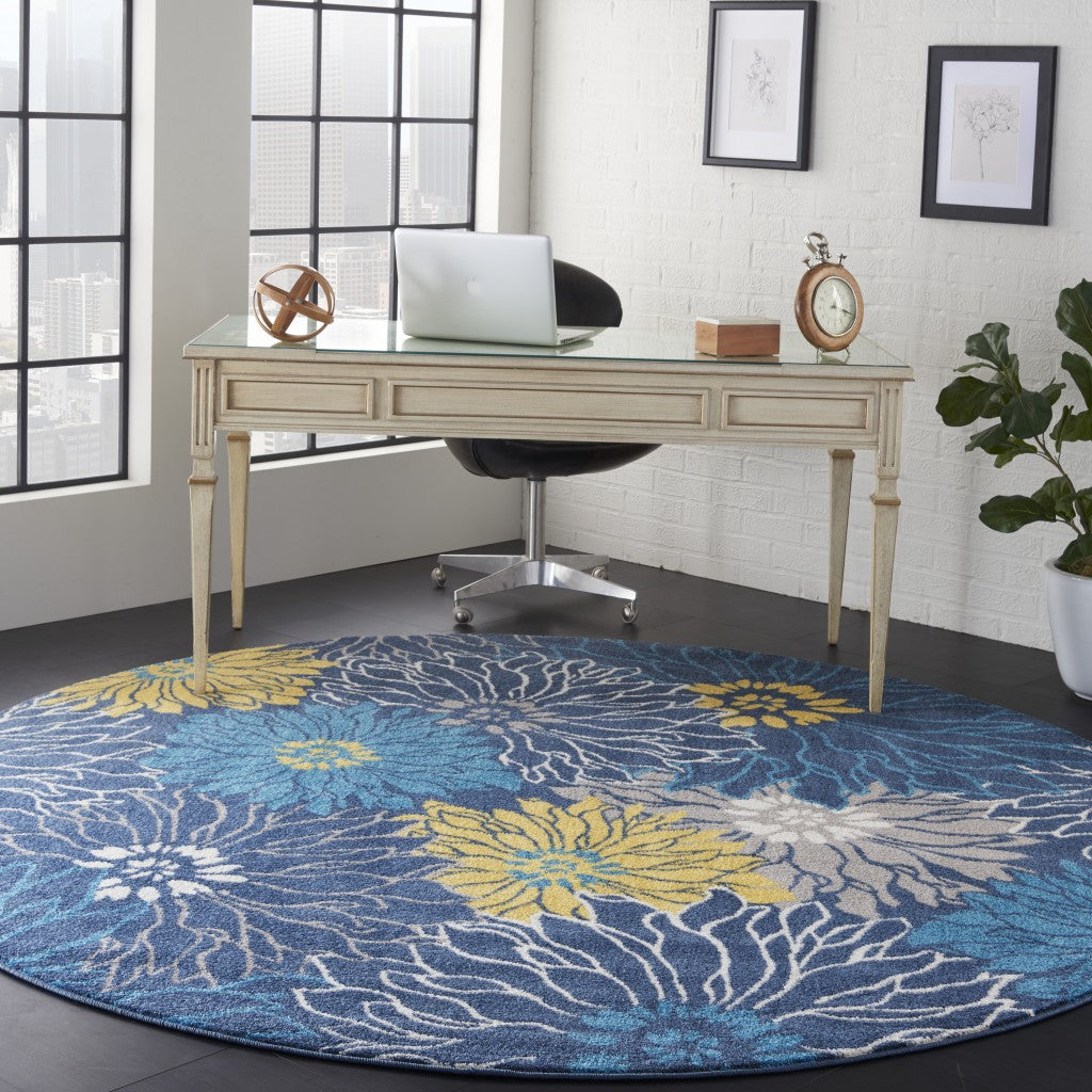8' Blue Floral Power Loom Runner Rug