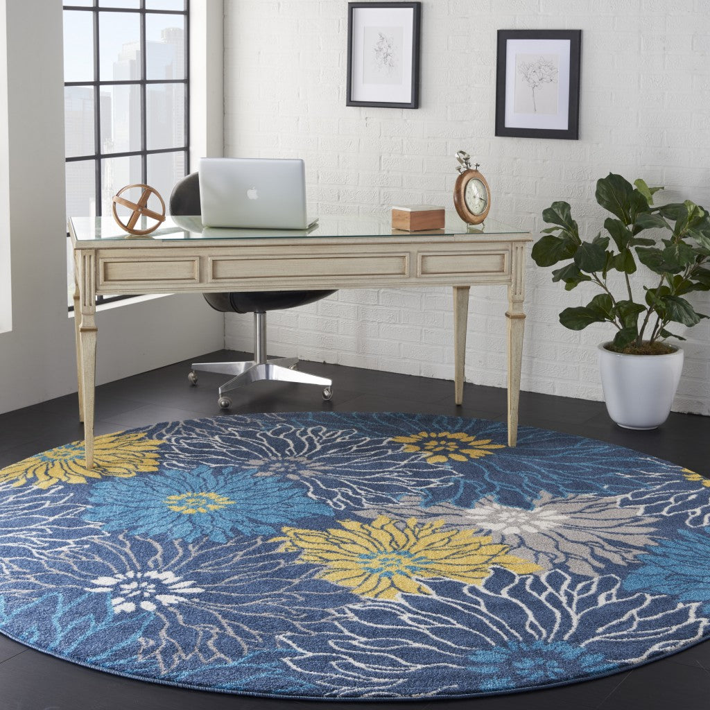8' Blue Floral Power Loom Runner Rug