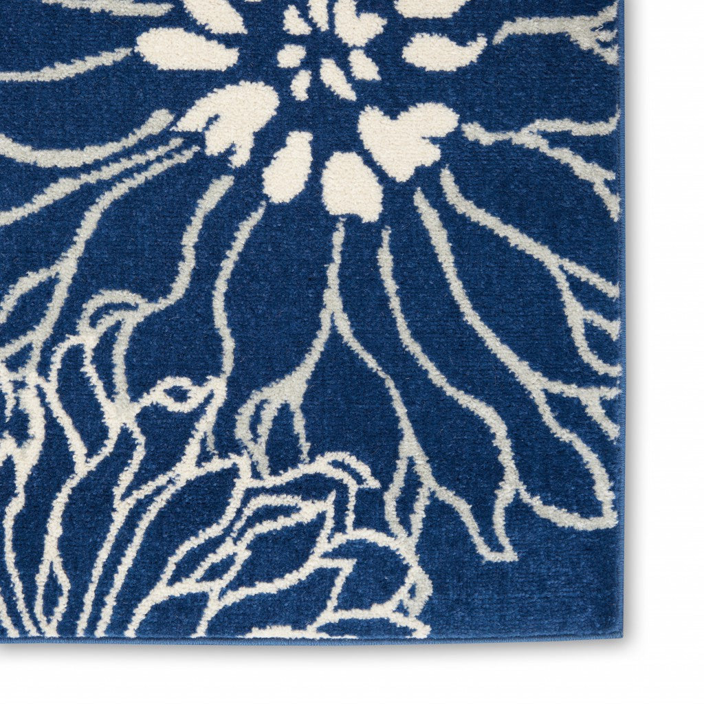 5' Blue And Ivory Round Floral Dhurrie Area Rug