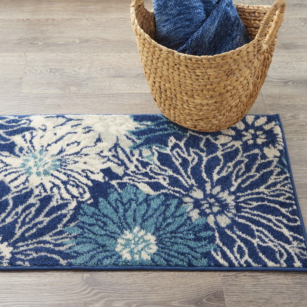 5' Blue And Ivory Round Floral Dhurrie Area Rug