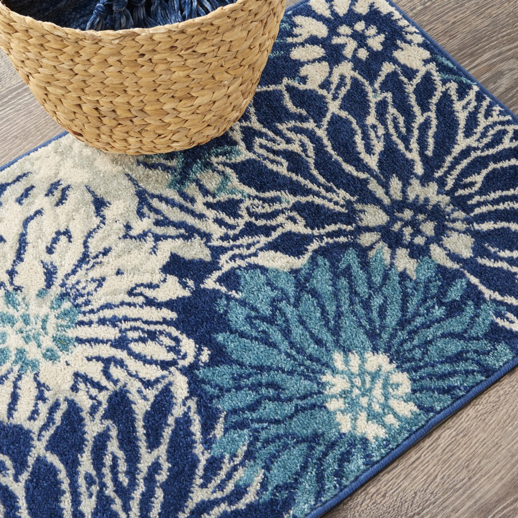 5' Blue And Ivory Round Floral Dhurrie Area Rug