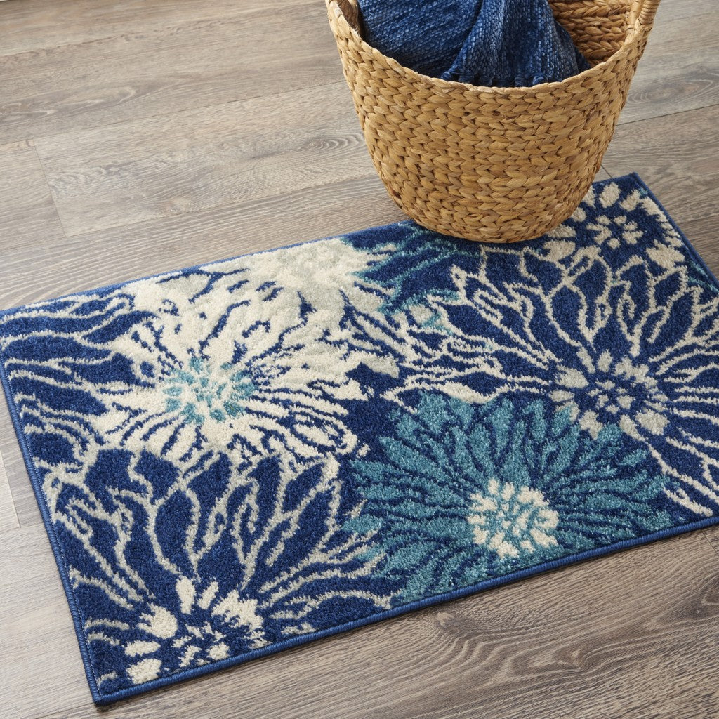 5' Blue And Ivory Round Floral Dhurrie Area Rug