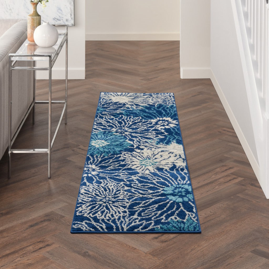 5' Blue And Ivory Round Floral Dhurrie Area Rug
