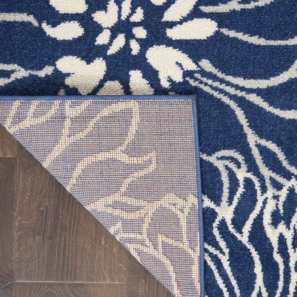 5' Blue And Ivory Round Floral Dhurrie Area Rug