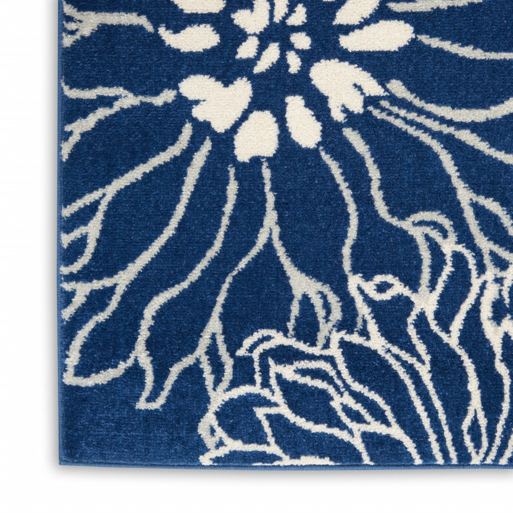 5' Blue And Ivory Round Floral Dhurrie Area Rug