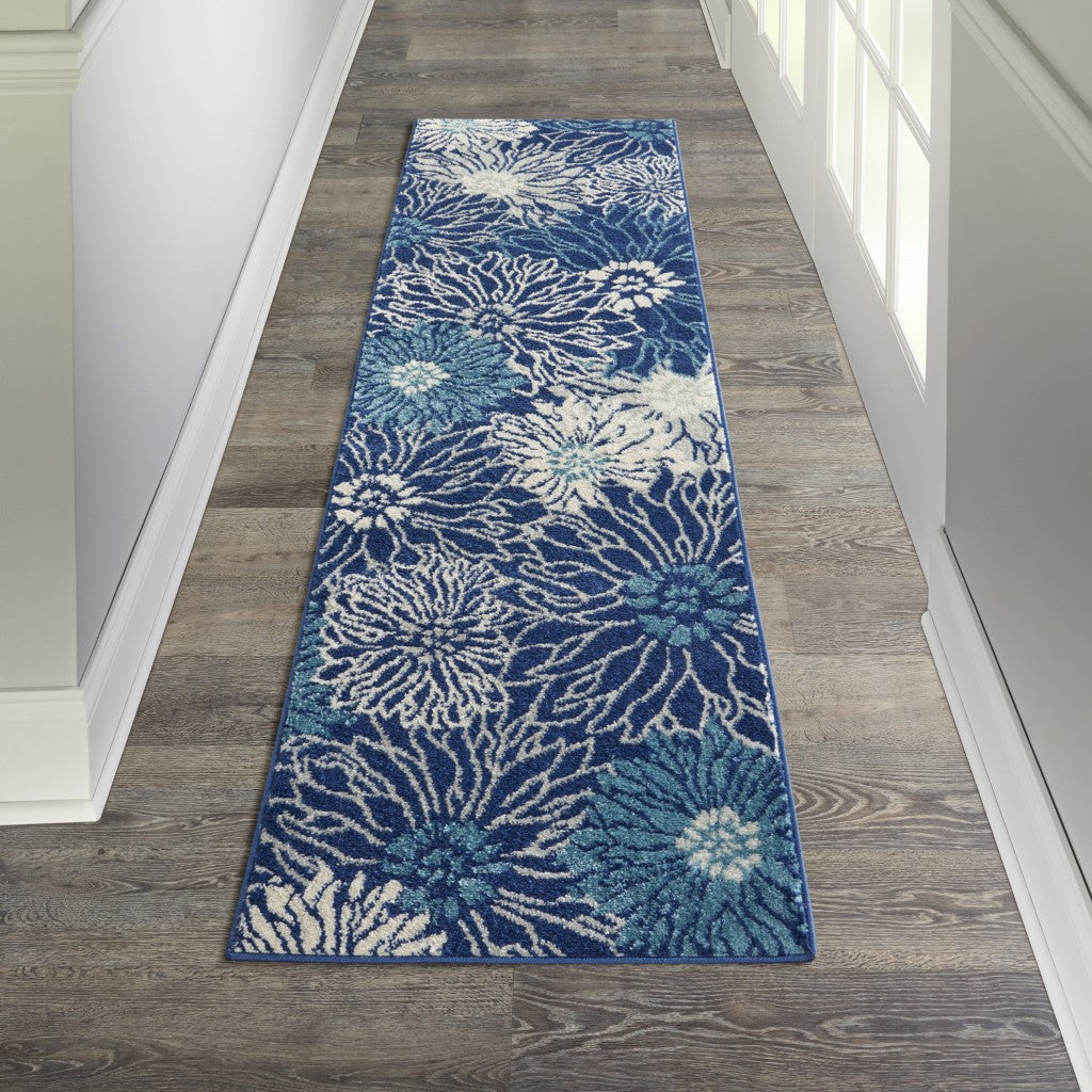 5' Blue And Ivory Round Floral Dhurrie Area Rug