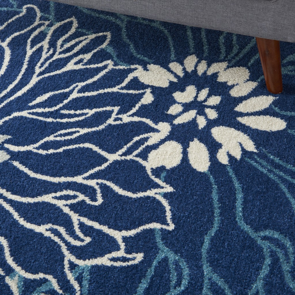 5' Blue And Ivory Round Floral Dhurrie Area Rug