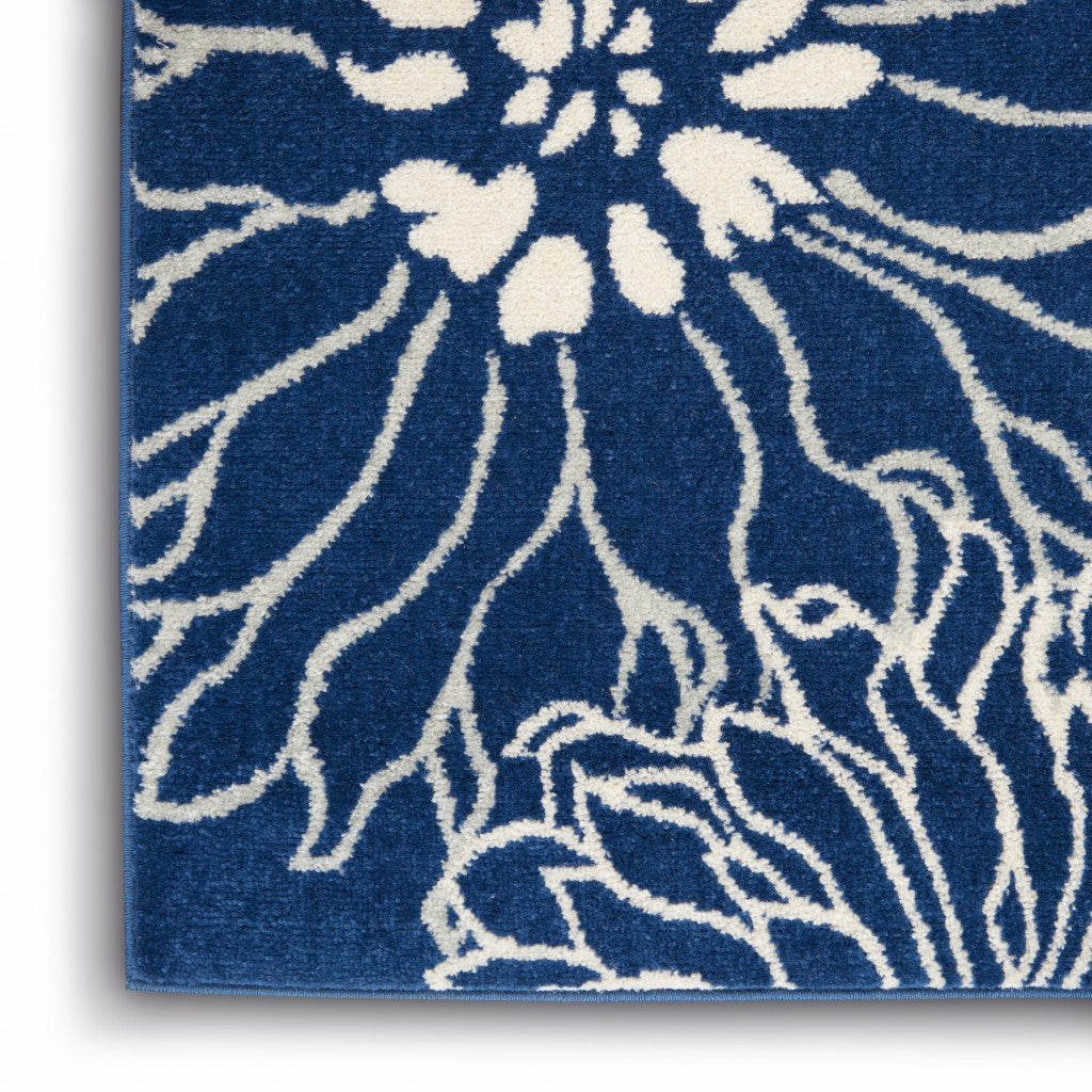 5' Blue And Ivory Round Floral Dhurrie Area Rug