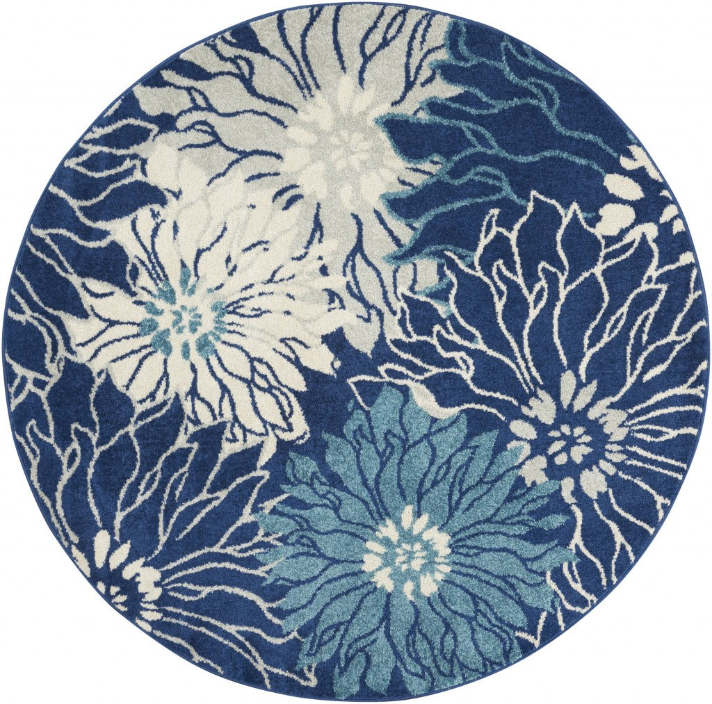 5' Blue And Ivory Round Floral Dhurrie Area Rug