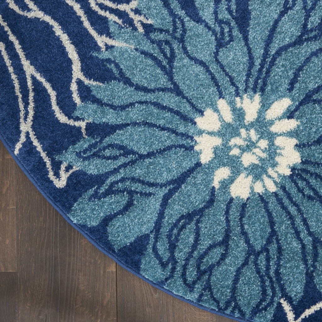 5' Blue And Ivory Round Floral Dhurrie Area Rug
