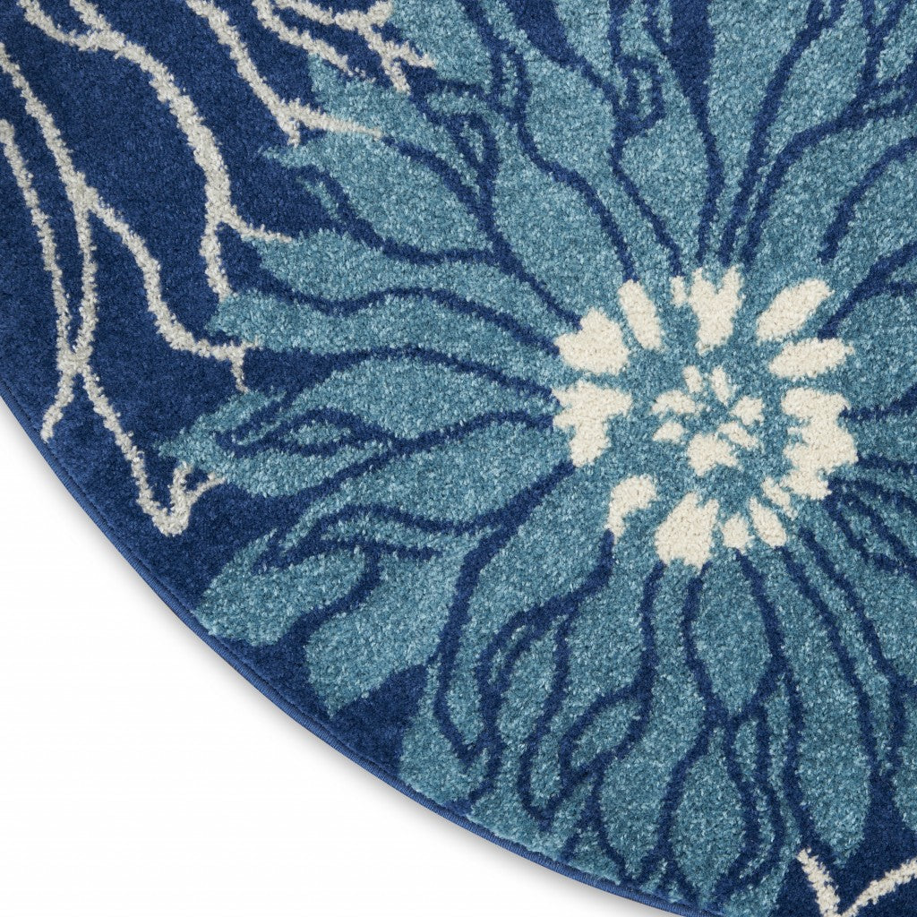 5' Blue And Ivory Round Floral Dhurrie Area Rug