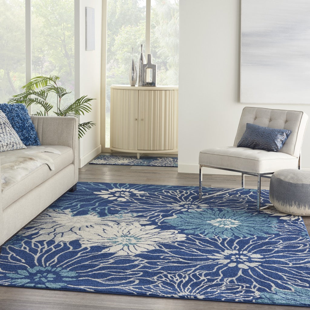 5' Blue And Ivory Round Floral Dhurrie Area Rug
