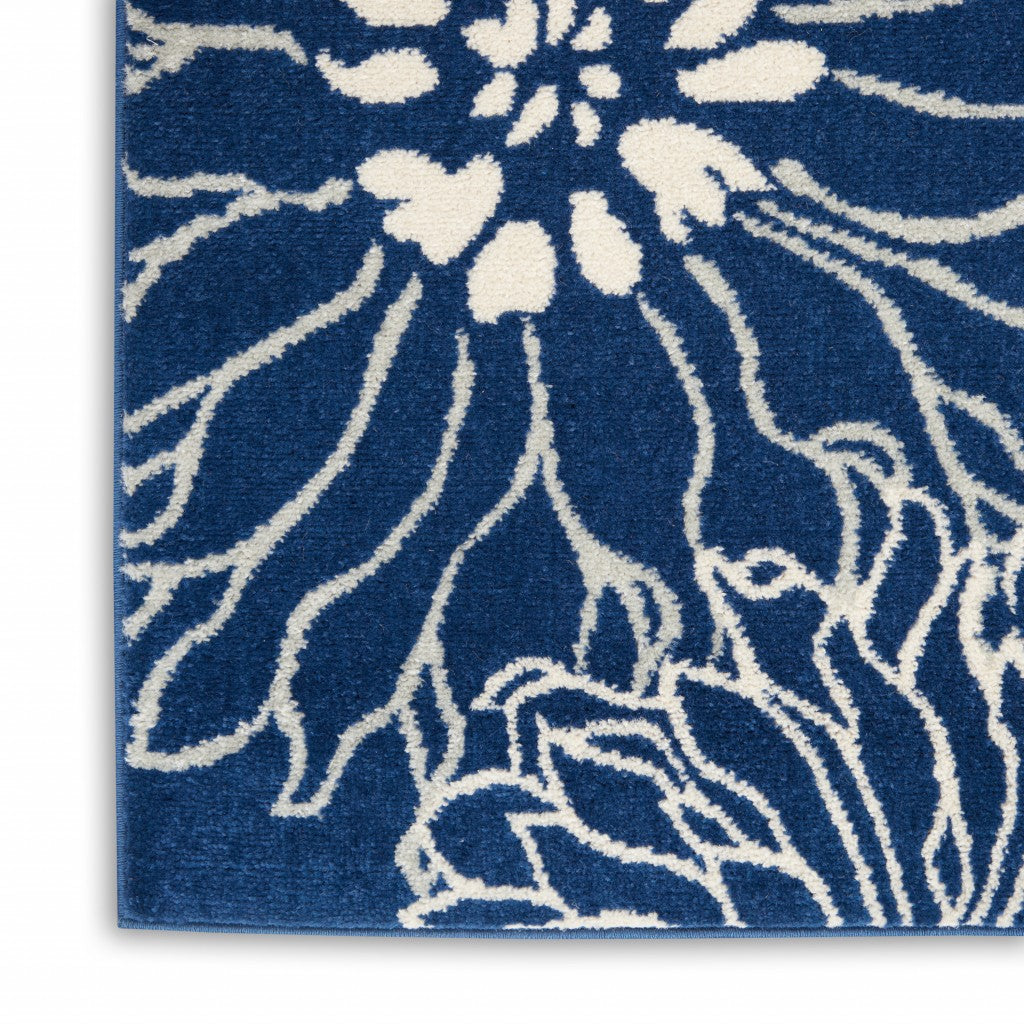 5' Blue And Ivory Round Floral Dhurrie Area Rug