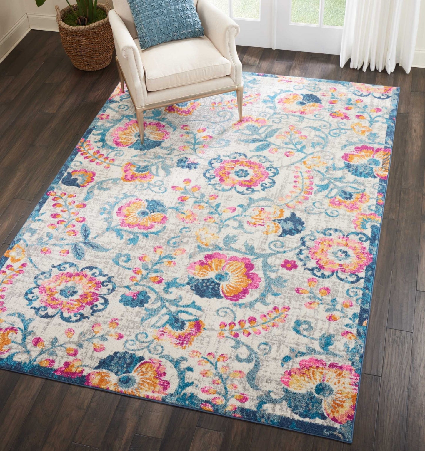 5' X 7' Ivory Floral Dhurrie Area Rug