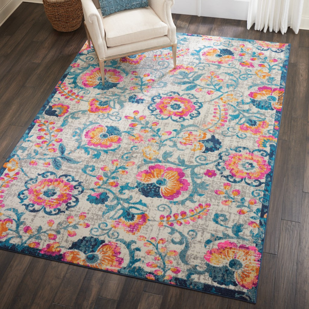 5' X 7' Ivory Floral Dhurrie Area Rug