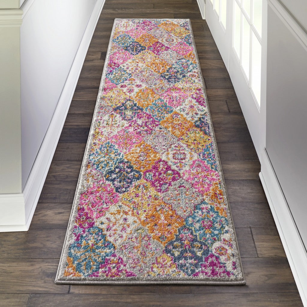 7' X 10' Pink And Gray Geometric Dhurrie Area Rug