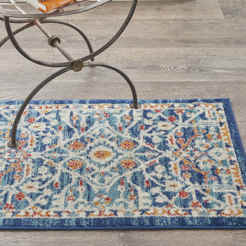 2' X 3' Blue And Ivory Floral Power Loom Area Rug