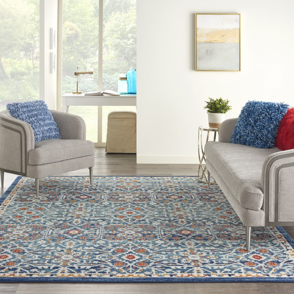 2' X 3' Blue And Ivory Floral Power Loom Area Rug