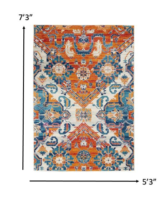 5' X 7' Orange And Ivory Floral Power Loom Area Rug