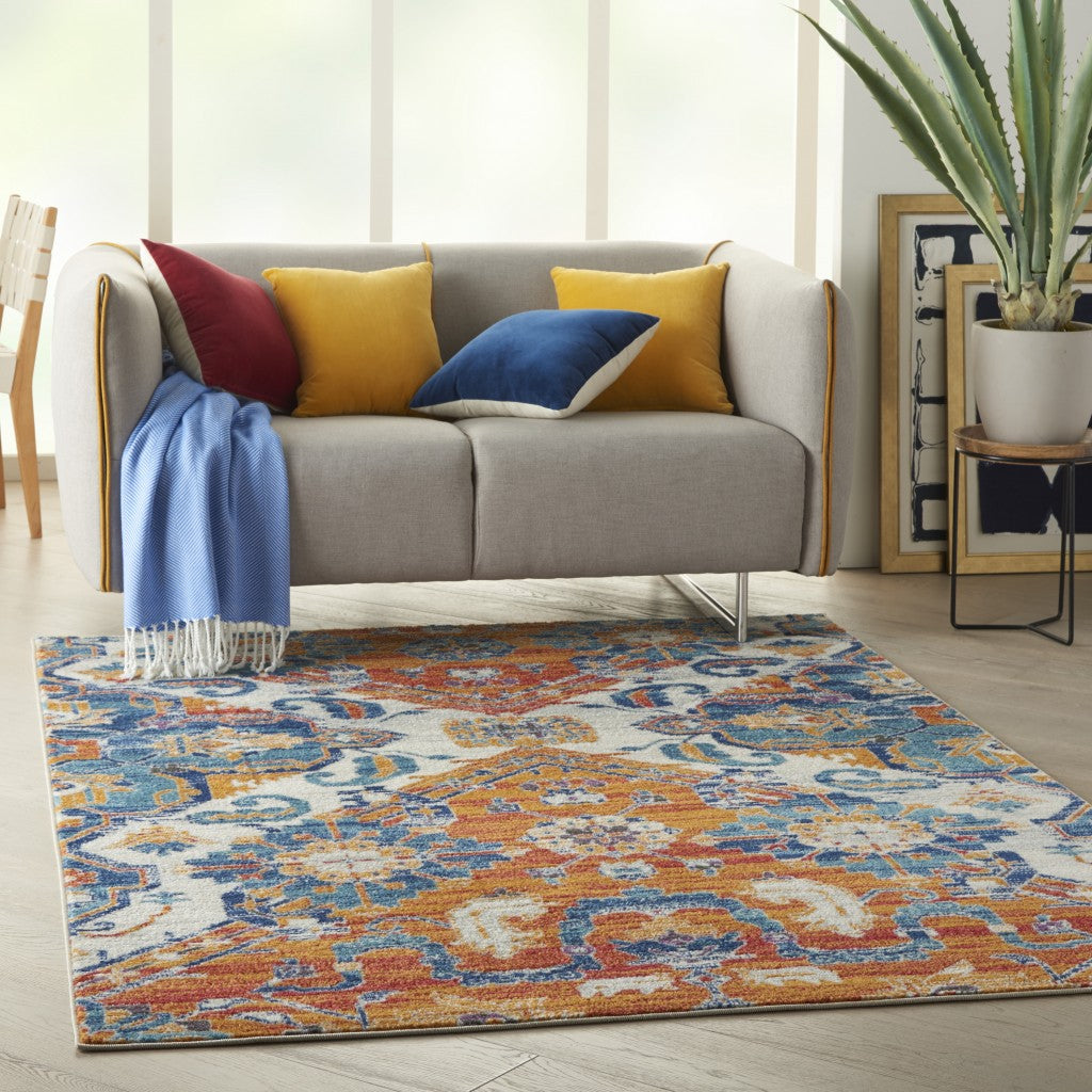 5' X 7' Orange And Ivory Floral Power Loom Area Rug