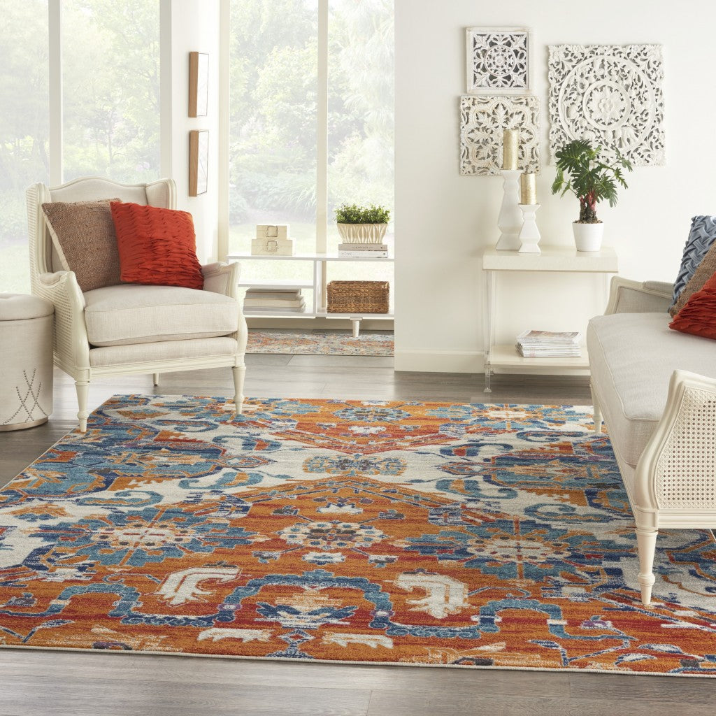 5' X 7' Orange And Ivory Floral Power Loom Area Rug
