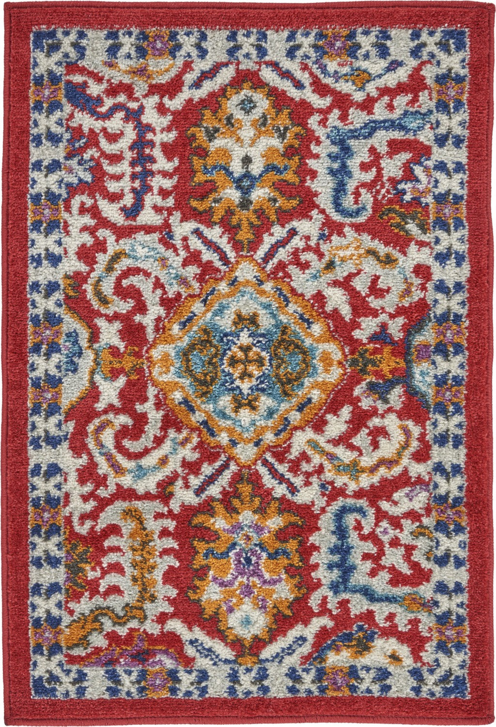 5' X 7' Red And Ivory Damask Power Loom Area Rug