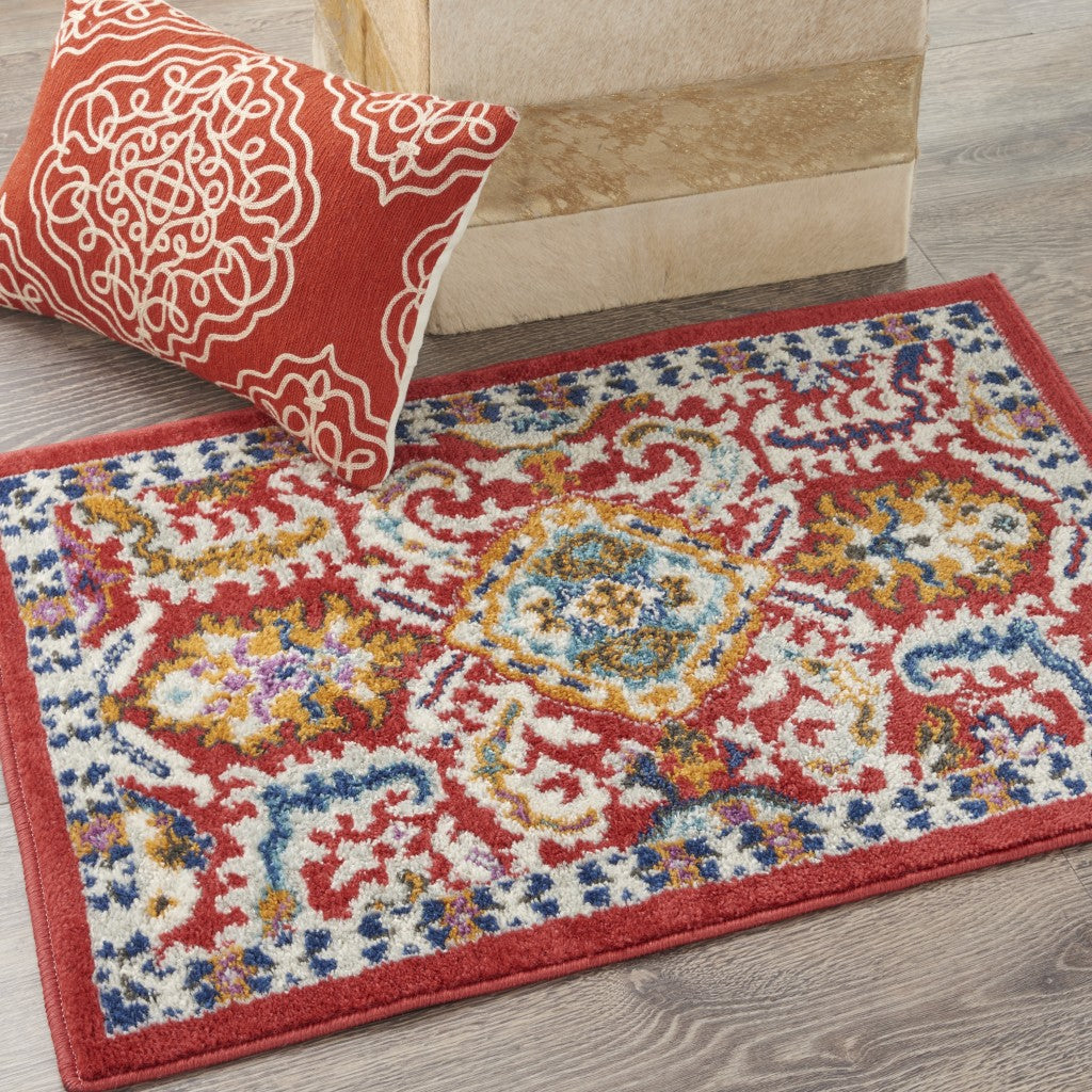 5' X 7' Red And Ivory Damask Power Loom Area Rug