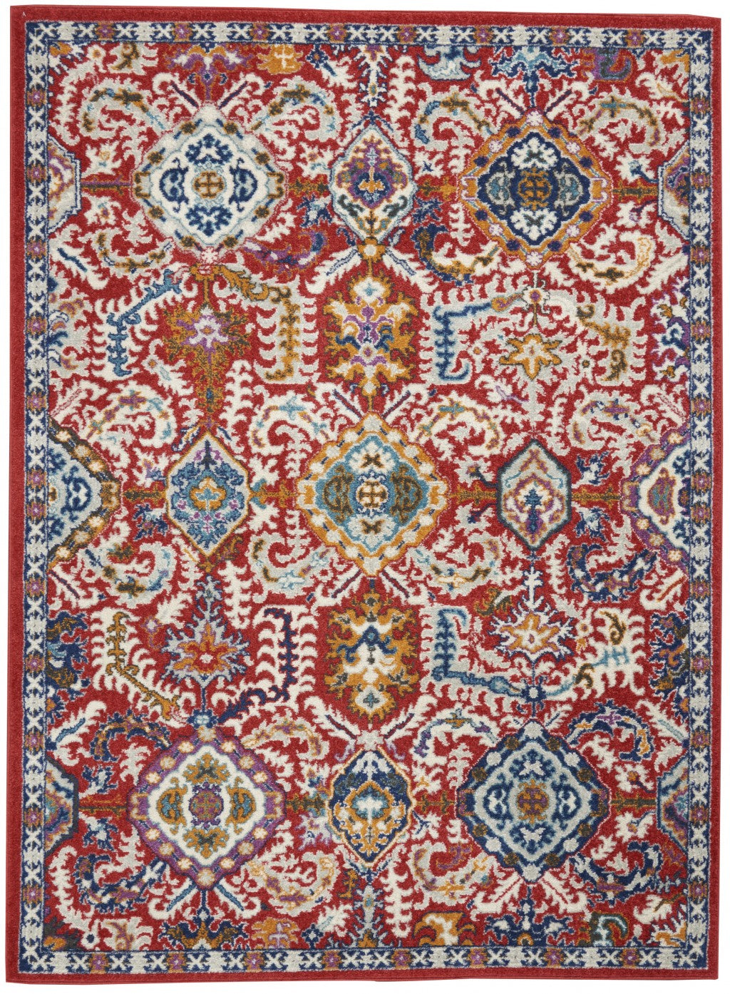 5' X 7' Red And Ivory Damask Power Loom Area Rug