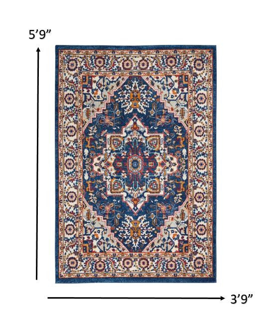 5' X 7' Blue And Ivory Power Loom Area Rug