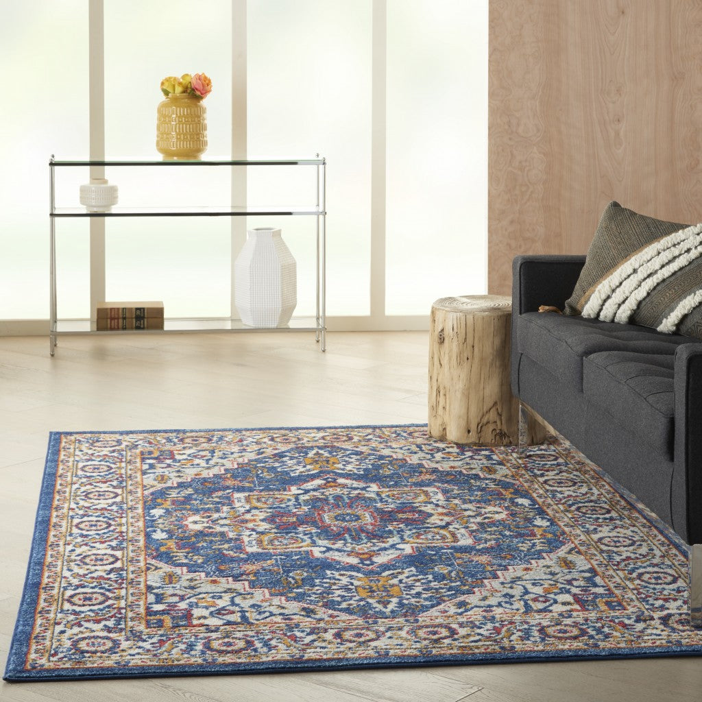 5' X 7' Blue And Ivory Power Loom Area Rug