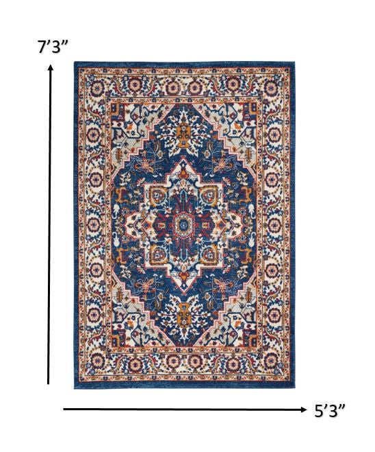 5' X 7' Blue And Ivory Power Loom Area Rug