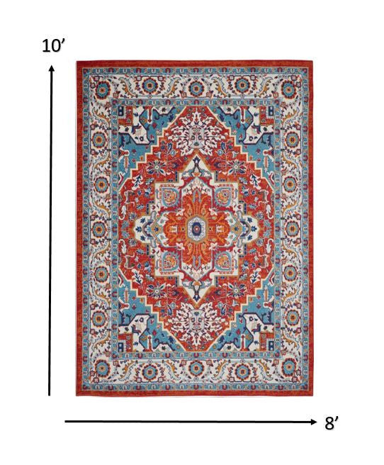 8’ X 10’ Red And Ivory Medallion Area Rug