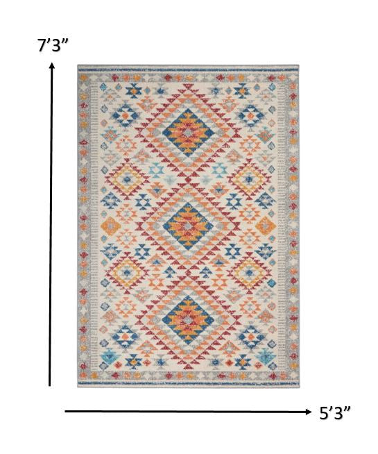 8' Gray And Ivory Geometric Dhurrie Runner Rug