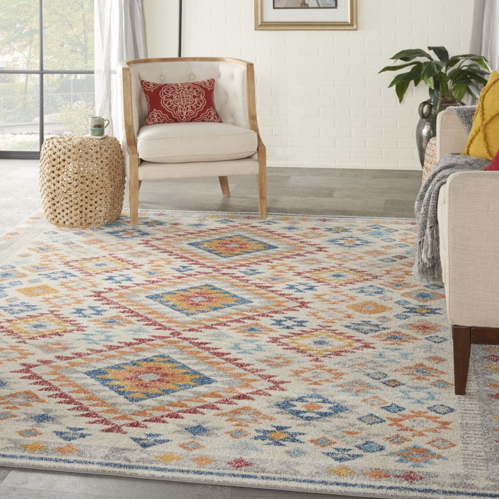 8' Gray And Ivory Geometric Dhurrie Runner Rug