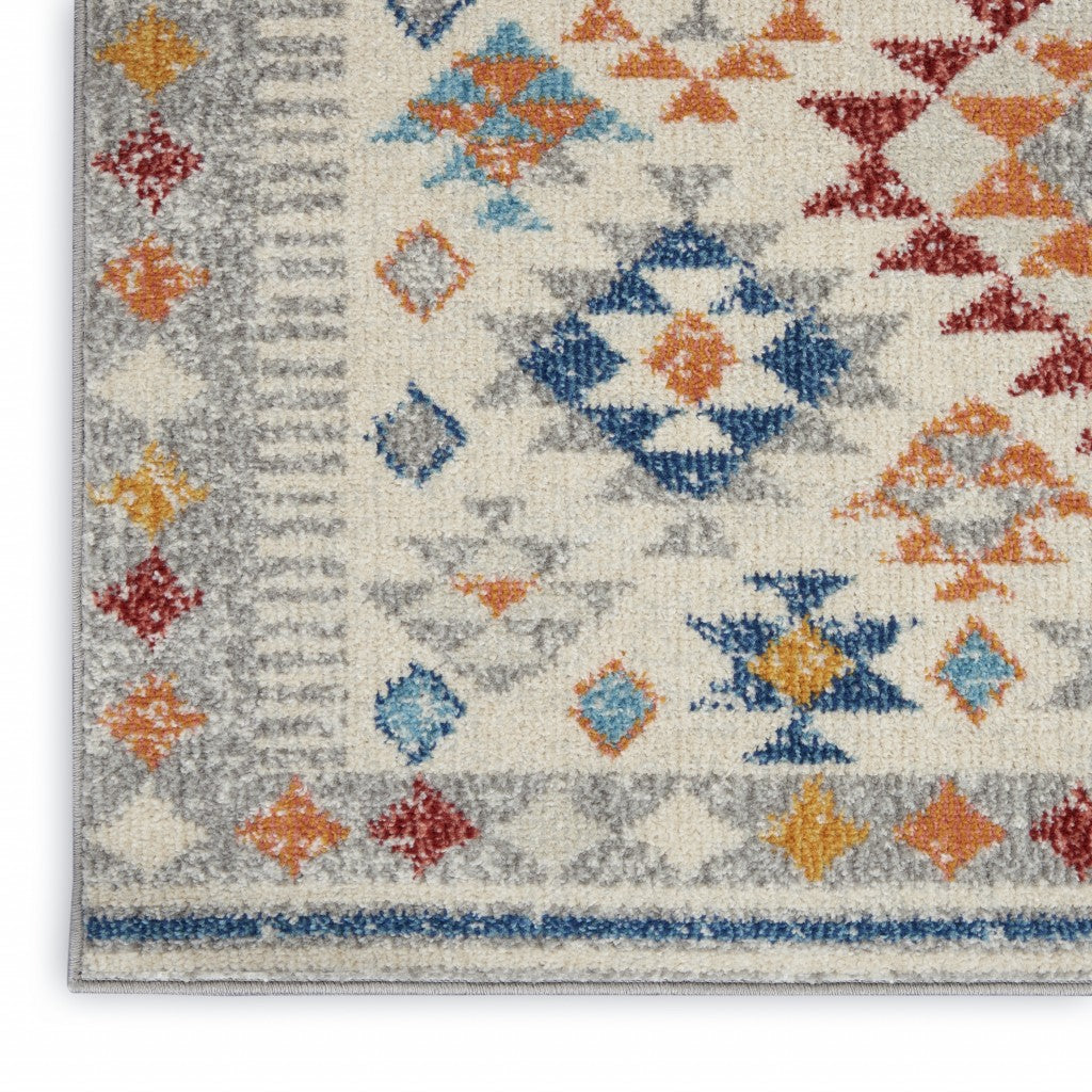 8' Gray And Ivory Geometric Dhurrie Runner Rug