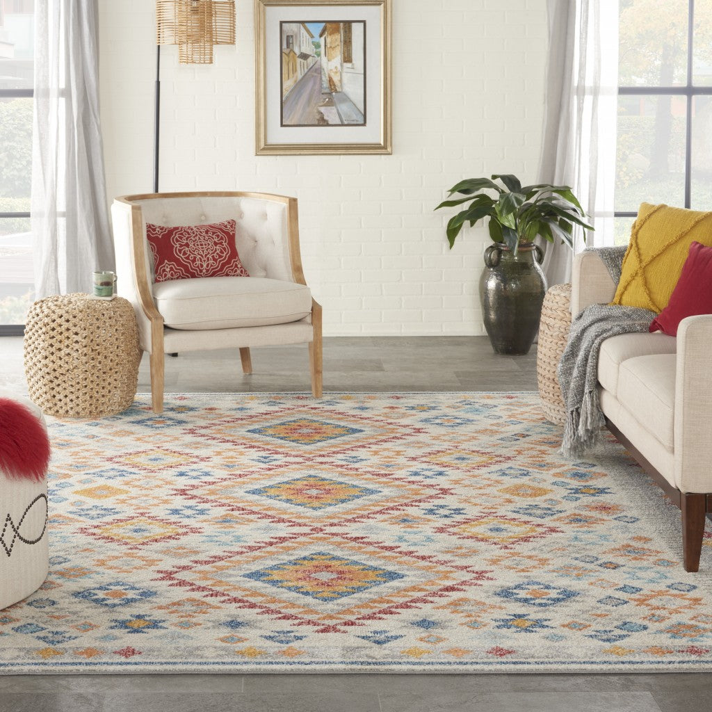 8' Gray And Ivory Geometric Dhurrie Runner Rug