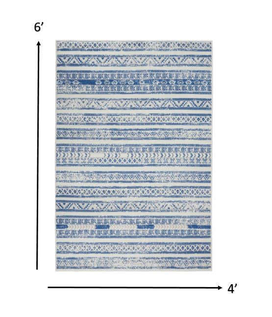 5' X 7' Blue And Ivory Geometric Dhurrie Area Rug
