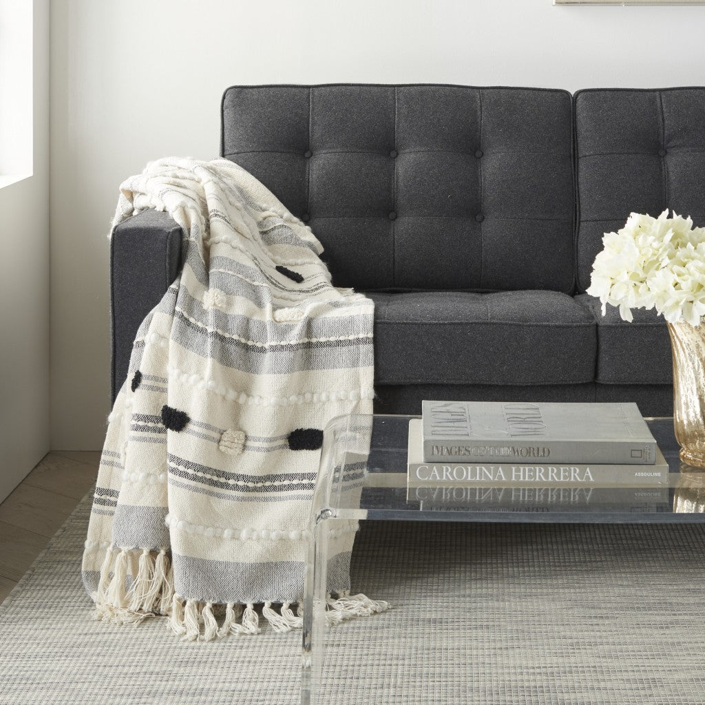 Boho Tribal Black Gray Ivory Cotton Accent Throw Blanket