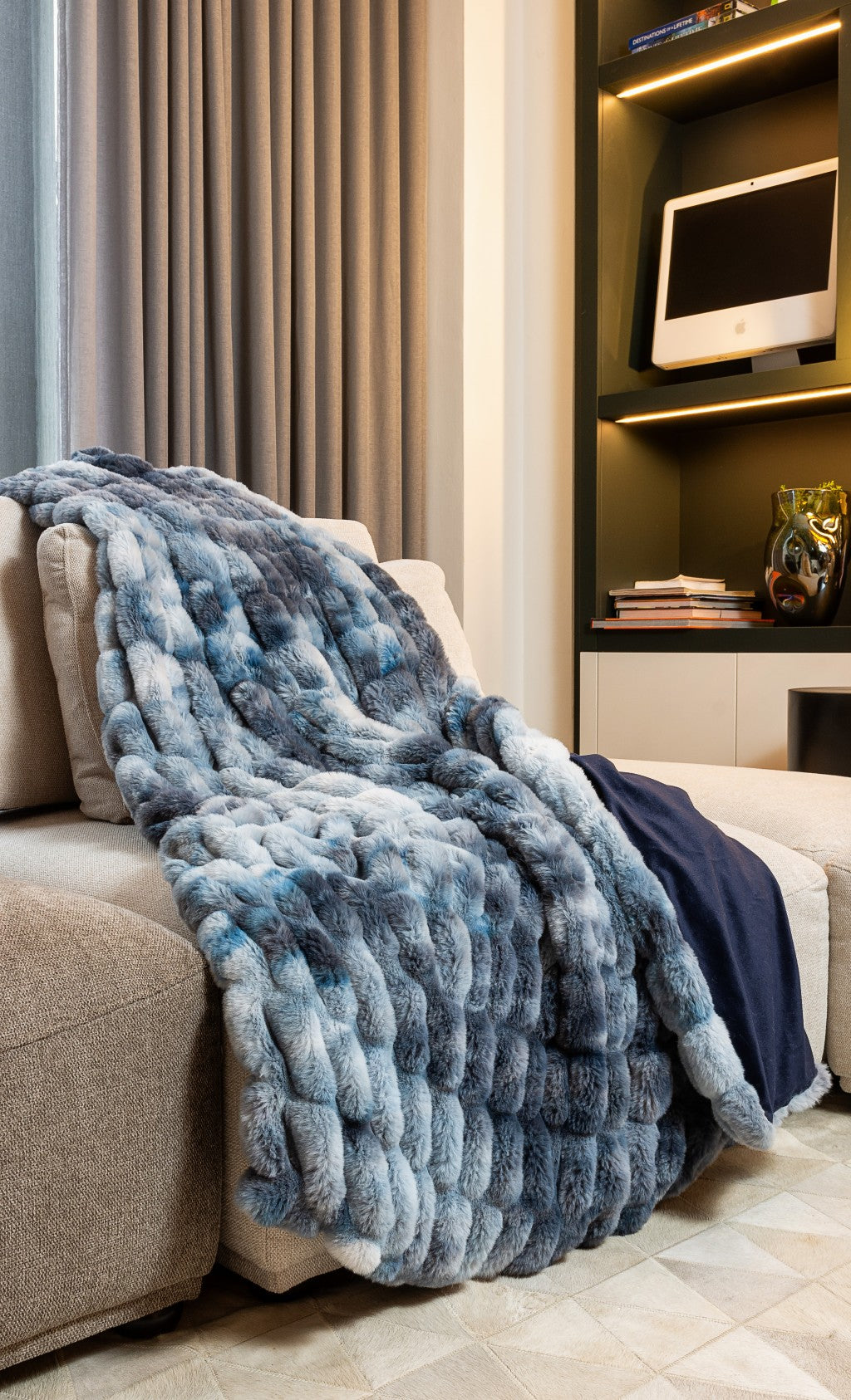 Chunky Sectioned Shades Of Blue Faux Fur Throw Blanket