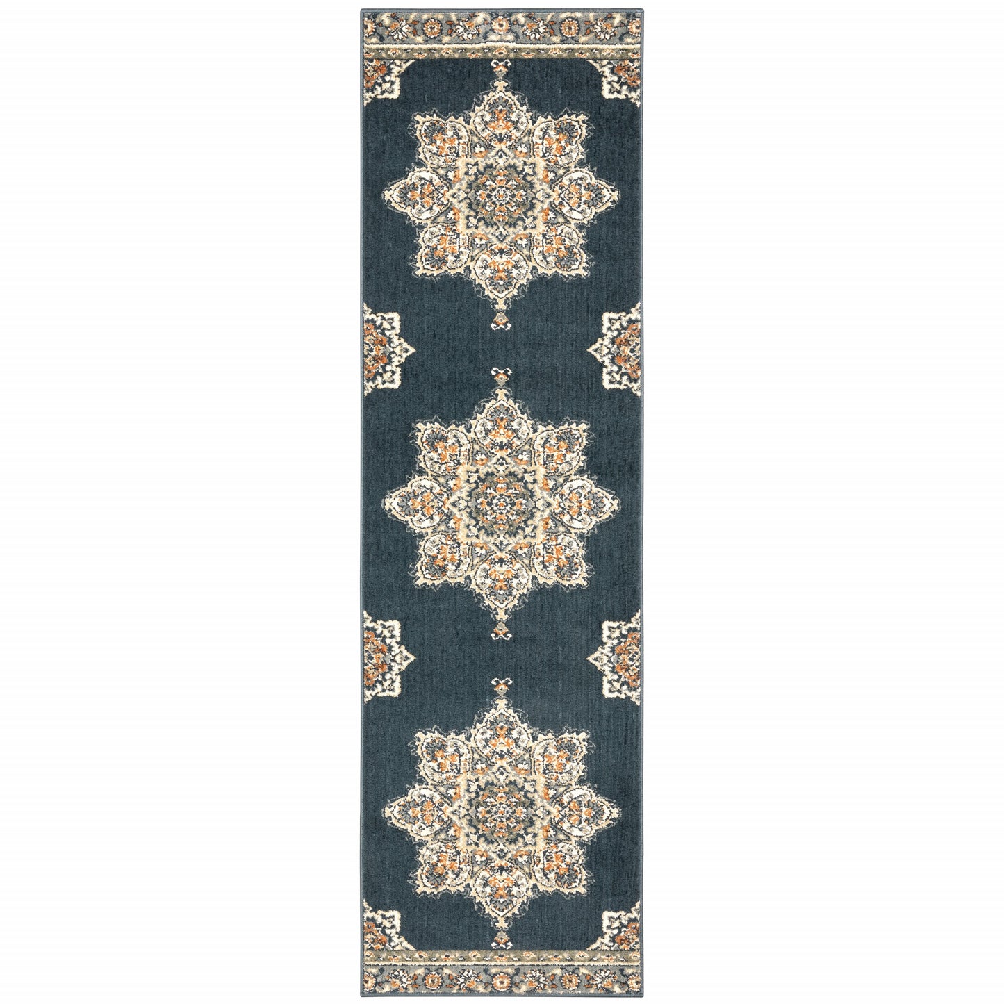 2’ X 7’ Blue And Beige Floral Medallion Indoor Runner Rug