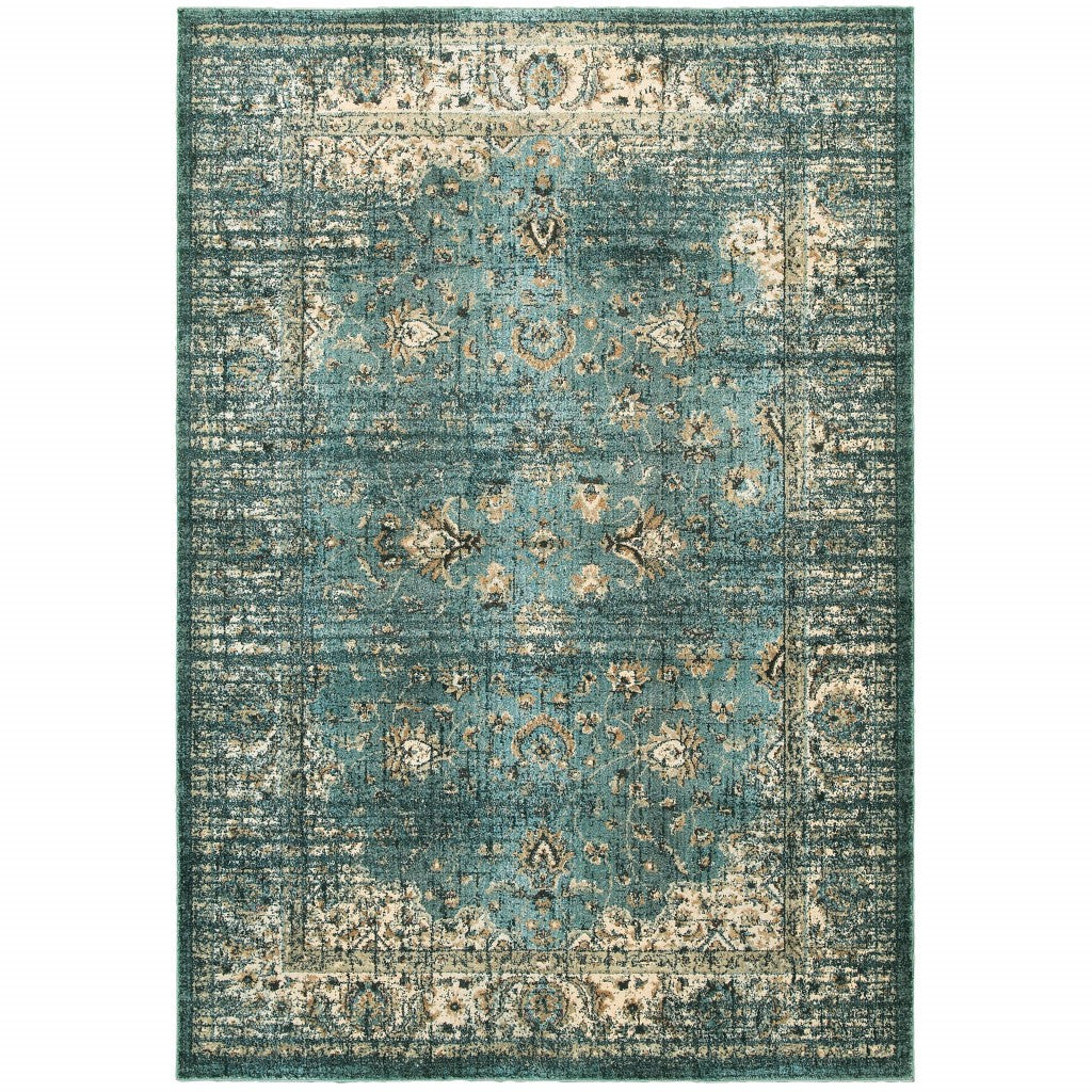 10’ X 13’ Peacock Blue And Ivory Indoor Area Rug
